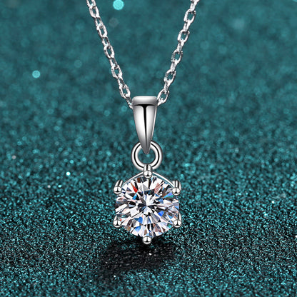 925 Sterling Silver 1CT Moissanite Six-Prong Pendant Necklace – Simulated Diamond Collar Chain for Women