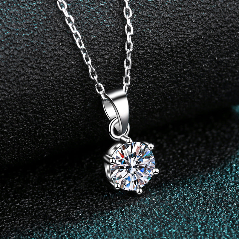 925 Sterling Silver 1CT Moissanite Six-Prong Pendant Necklace – Simulated Diamond Collar Chain for Women
