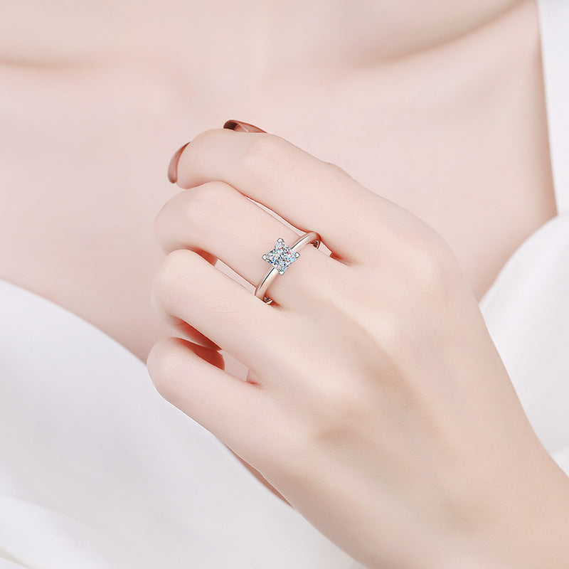 925 Sterling Silver 4-Prong Princess Cut Moissanite Ring | 1-2ct Square Solitaire