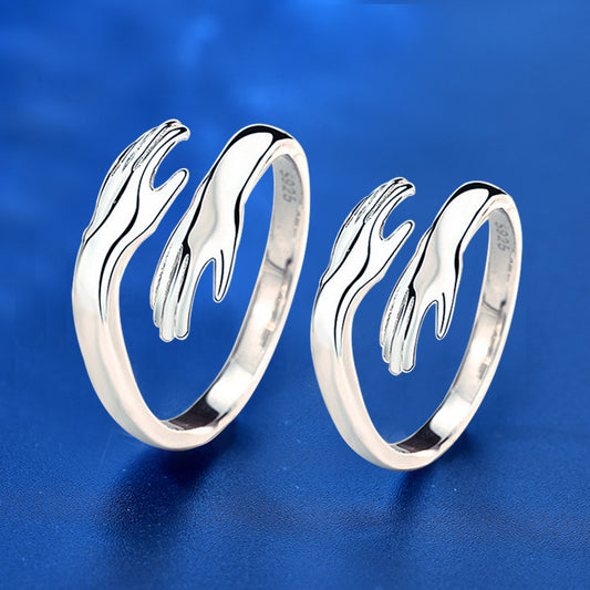 925 Sterling Silver Adjustable Geometric Couple Rings - White Gold Plated Minimalist Matching Bands (2-2.3g)