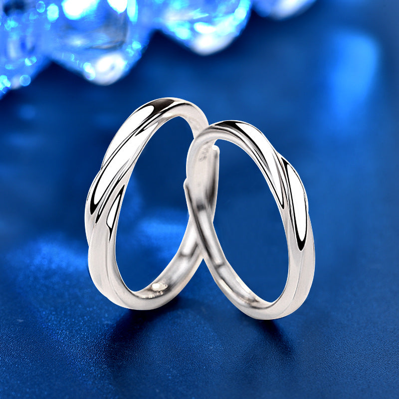 925 Sterling Silver Adjustable Geometric Couple Rings - White Gold Plated Minimalist Matching Bands (1.5-1.8g)