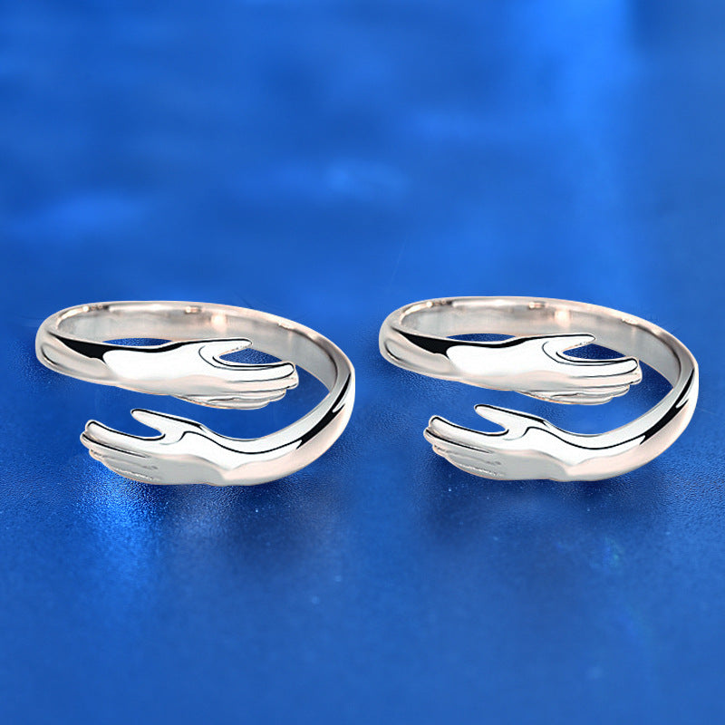 925 Sterling Silver Adjustable Geometric Couple Rings - White Gold Plated Minimalist Matching Bands (2-2.3g)