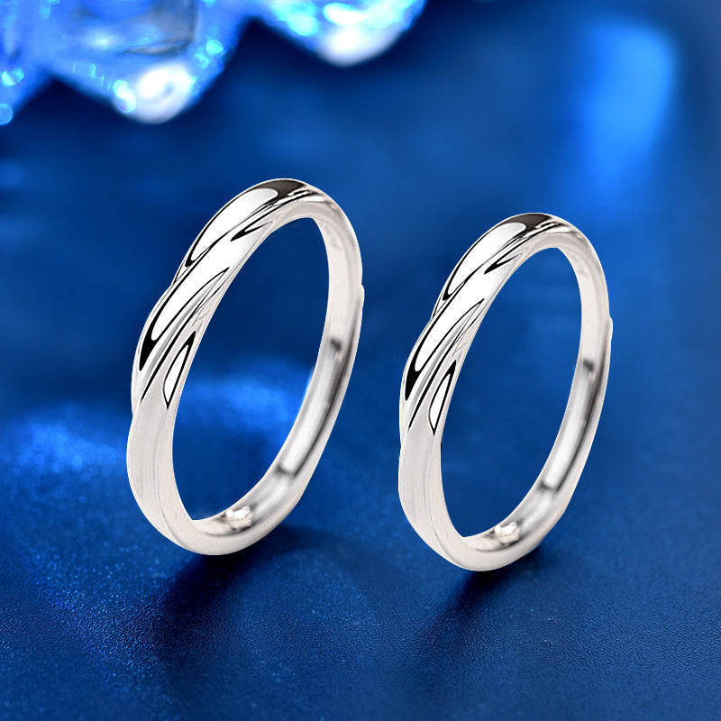 925 Sterling Silver Adjustable Geometric Couple Rings - White Gold Plated Minimalist Matching Bands (1.5-1.8g)