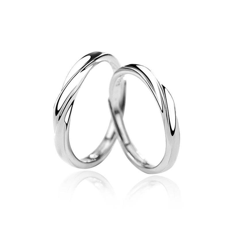 925 Sterling Silver Adjustable Geometric Couple Rings - White Gold Plated Minimalist Matching Bands (1.5-1.8g)