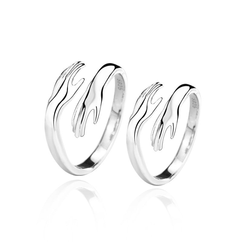 925 Sterling Silver Adjustable Geometric Couple Rings - White Gold Plated Minimalist Matching Bands (2-2.3g)