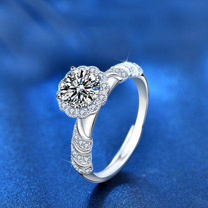 925 Sterling Silver Adjustable Geometric Ring with 1ct Moissanite White Gold Plated Minimalist Women's Band