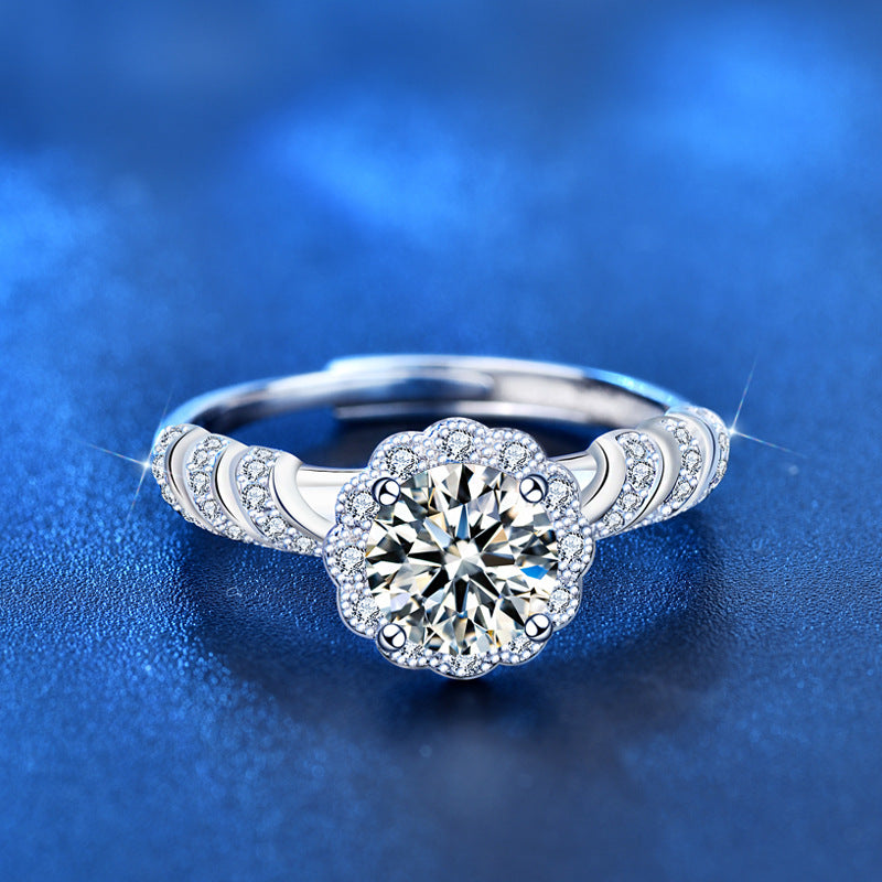 925 Sterling Silver Adjustable Geometric Ring with 1ct Moissanite White Gold Plated Minimalist Women's Band