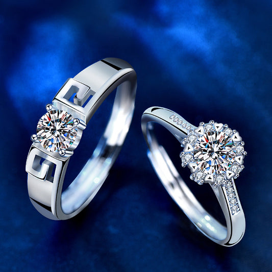 925 Sterling Silver Adjustable Heart Couple Rings with 0.5ct Moissanite - White Gold Plated Minimalist Chinese-Inspired Wedding Bands