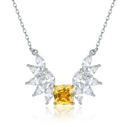 925 Sterling Silver Angel Wing Pendant Necklace - Elegant Yellow Zirconia Collarbone Chain