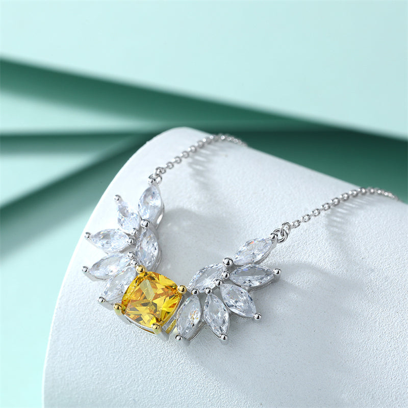 925 Sterling Silver Angel Wing Pendant Necklace - Elegant Yellow Zirconia Collarbone Chain