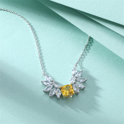 925 Sterling Silver Angel Wing Pendant Necklace - Elegant Yellow Zirconia Collarbone Chain