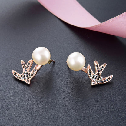 925 Sterling Silver Animal Pearl Stud Earrings - Minimalist Geometric Earrings with Plastic Stoppers