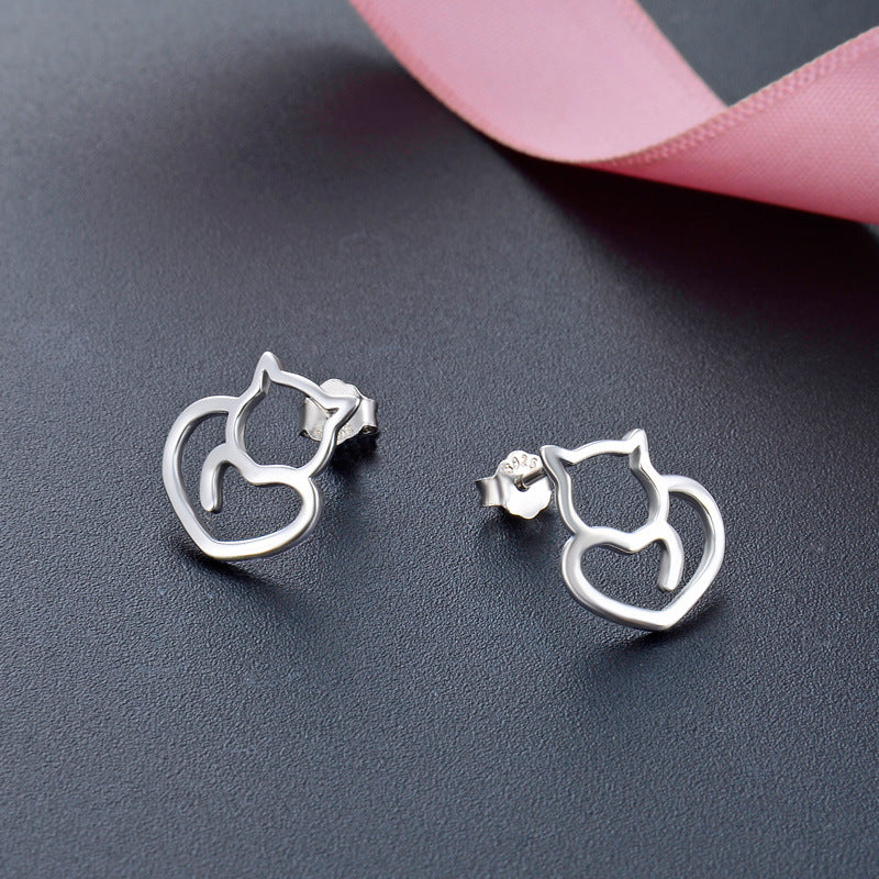 925 Sterling Silver Animal & Heart Stud Earrings - Minimalist Geometric Earrings with Plastic Backs