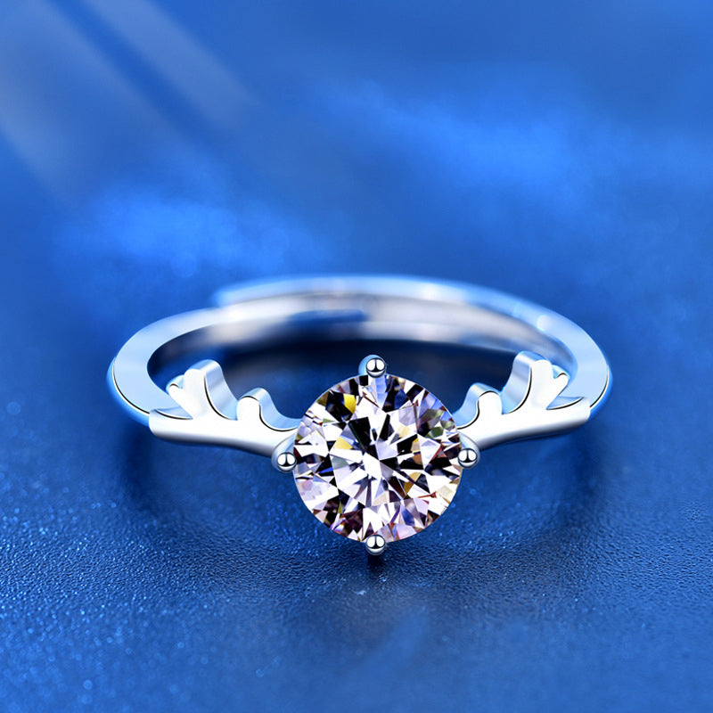 925 Sterling Silver Antler Ring with 1ct Moissanite - White Gold Plated Adjustable Women's Band