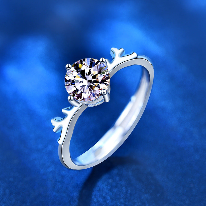 925 Sterling Silver Antler Ring with 1ct Moissanite - White Gold Plated Adjustable Women's Band