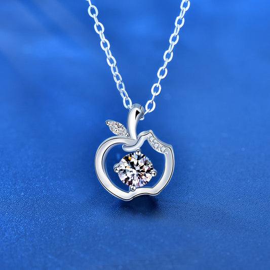 925 Sterling Silver Apple Pendant Necklace with 0.5ct Moissanite Cross Chain Women's White Gold Plated Fashion Jewelry