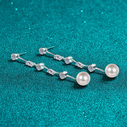 925 Sterling Silver Asymmetric Tassel Earrings - 1.8ct Moissanite & 8mm Pearls