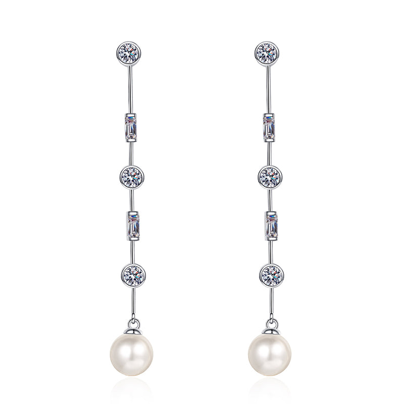 925 Sterling Silver Asymmetric Tassel Earrings - 1.8ct Moissanite & 8mm Pearls