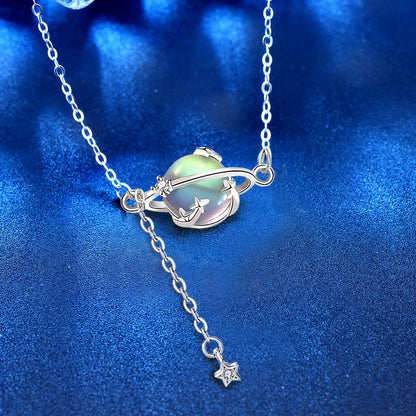 925 Sterling Silver Aurora Planet Pendant Necklace with Moonstone Cross Chain Women's Bohemian Jewelry