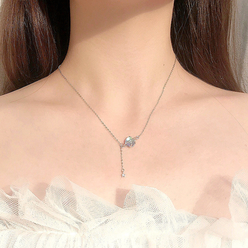 925 Sterling Silver Aurora Planet Pendant Necklace with Moonstone Cross Chain Women's Bohemian Jewelry
