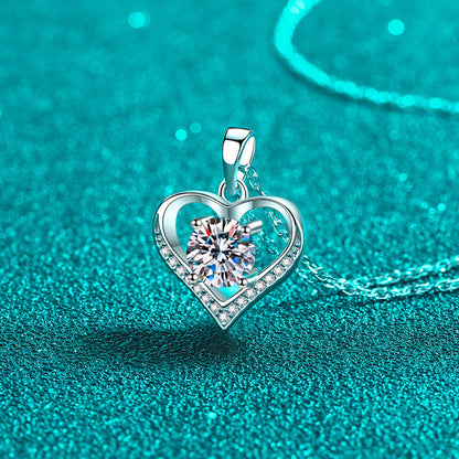925 Sterling Silver Beating Heart Pendant Necklace - 1CT Moissanite Sweet & Playful Chain