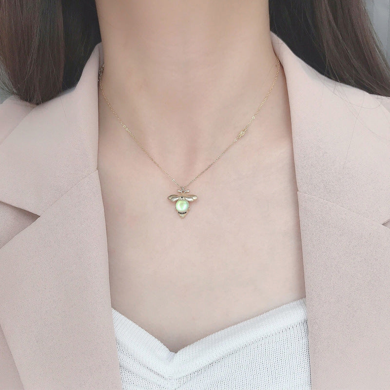 925 Sterling Silver Bee Pendant Necklace with Moonstone Cross Chain Women's Rhodium Plated Delicate Jewelry