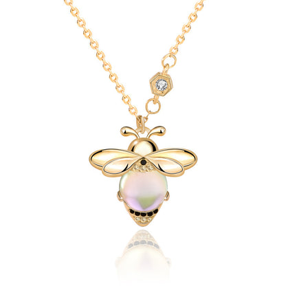 925 Sterling Silver Bee Pendant Necklace with Moonstone Cross Chain Women's Rhodium Plated Delicate Jewelry