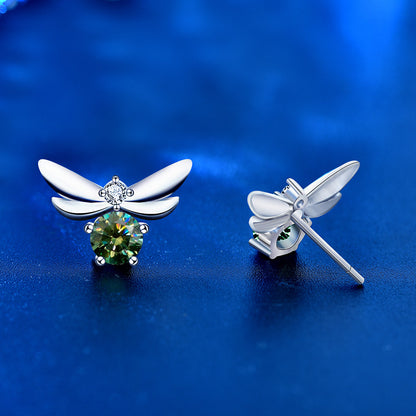 925 Sterling Silver Bee Stud Earrings with 0.5ct Moissanite (Green/White/Champagne) - Fashion Insect Jewelry for Women