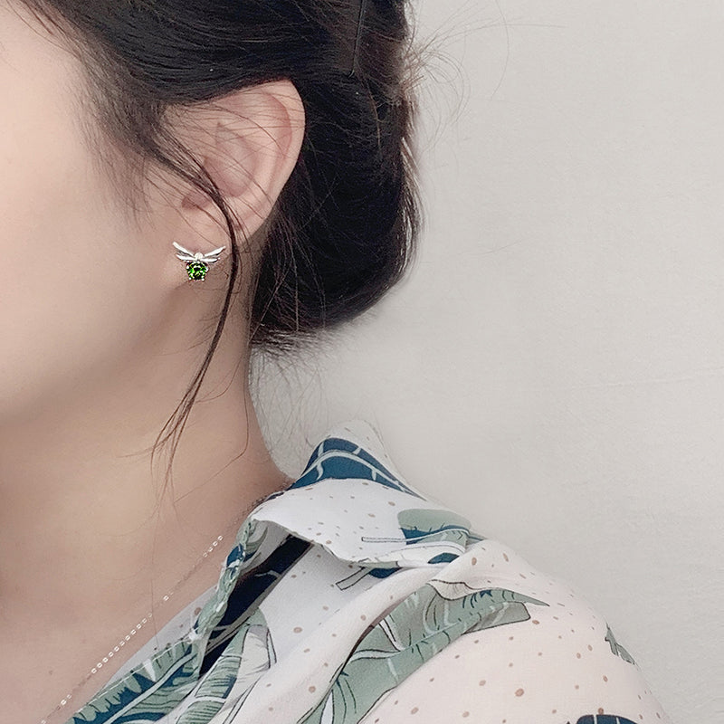 925 Sterling Silver Bee Stud Earrings with 0.5ct Moissanite (Green/White/Champagne) - Fashion Insect Jewelry for Women