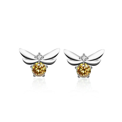 925 Sterling Silver Bee Stud Earrings with 0.5ct Moissanite (Green/White/Champagne) - Fashion Insect Jewelry for Women