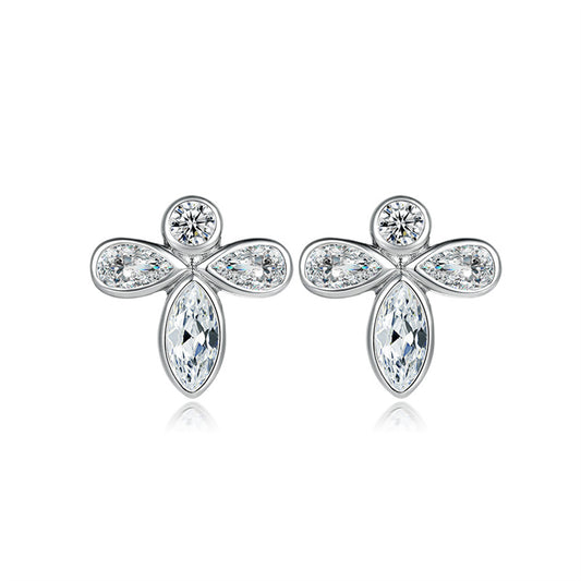 925 Sterling Silver Bee & Clover Stud Earrings – Whimsical Nature-Inspired Zircon Design