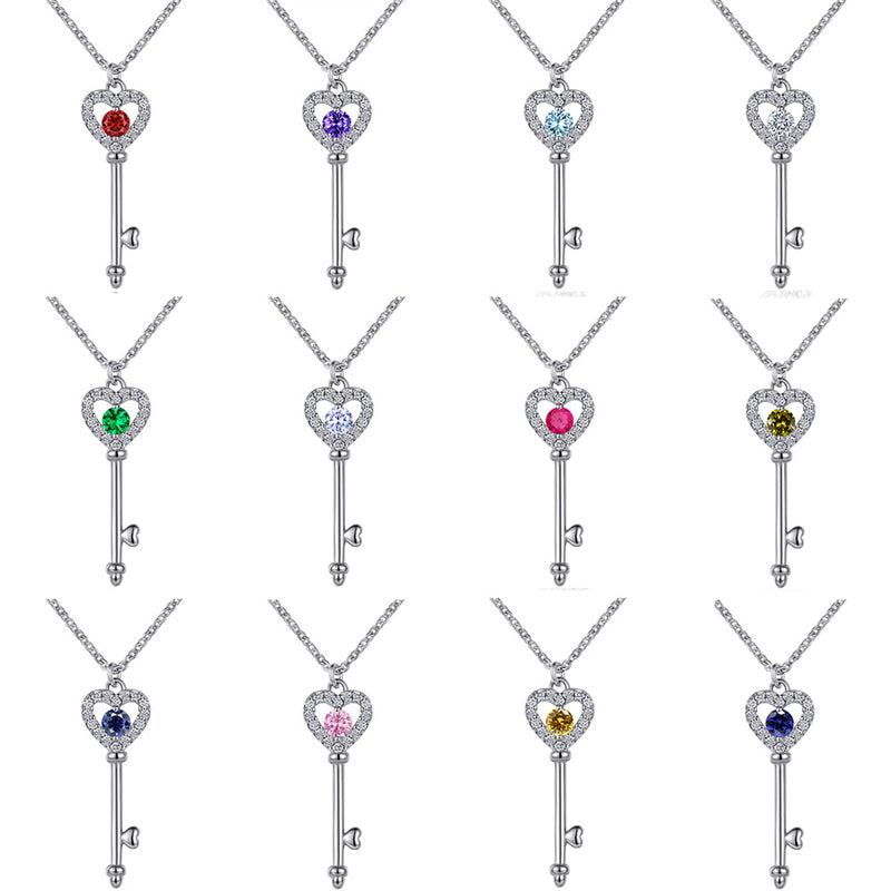 925 Sterling Silver Birthstone Key Necklace - Romantic Heart Lock Pendant