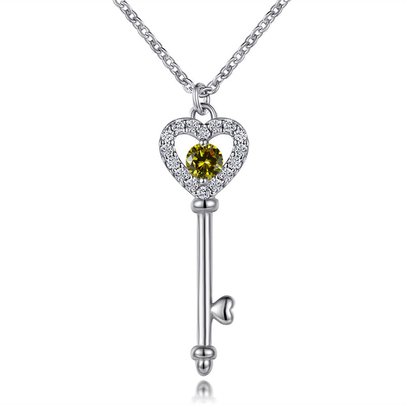 925 Sterling Silver Birthstone Key Necklace - Romantic Heart Lock Pendant