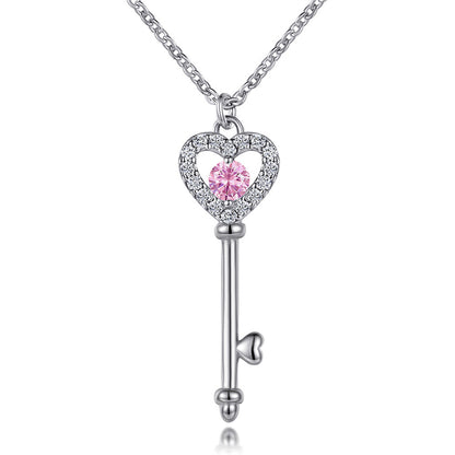 925 Sterling Silver Birthstone Key Necklace - Romantic Heart Lock Pendant