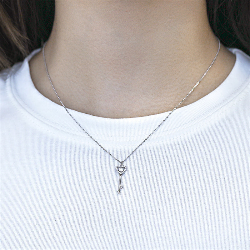 925 Sterling Silver Birthstone Key Necklace - Romantic Heart Lock Pendant