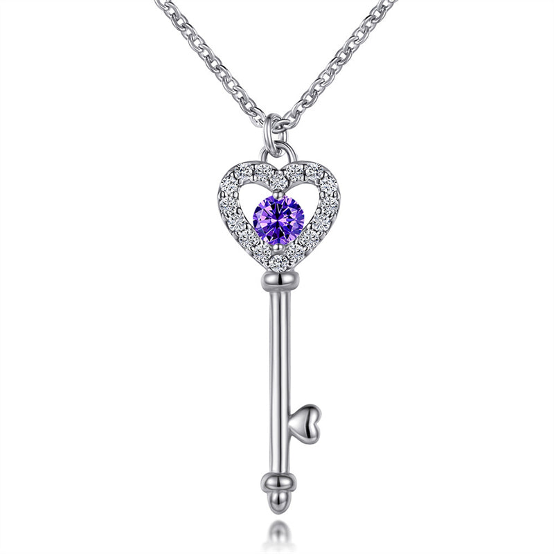 925 Sterling Silver Birthstone Key Necklace - Romantic Heart Lock Pendant