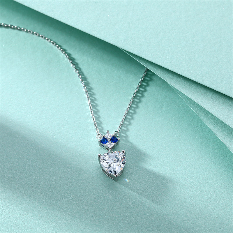 925 Sterling Silver Blue Heart Pendant Necklace - Elegant Sapphire Zirconia Collarbone Chain for Women