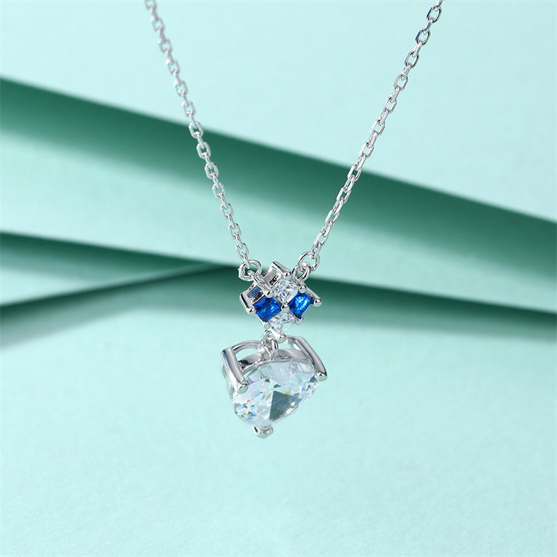 925 Sterling Silver Blue Heart Pendant Necklace - Elegant Sapphire Zirconia Collarbone Chain for Women