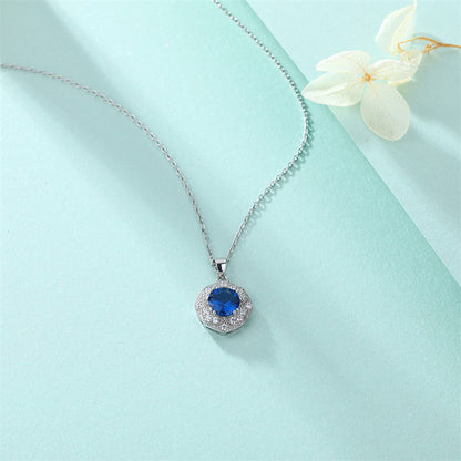 925 Sterling Silver Blue Zircon Pendant Necklace - Elegant Geometric Collarbone Chain