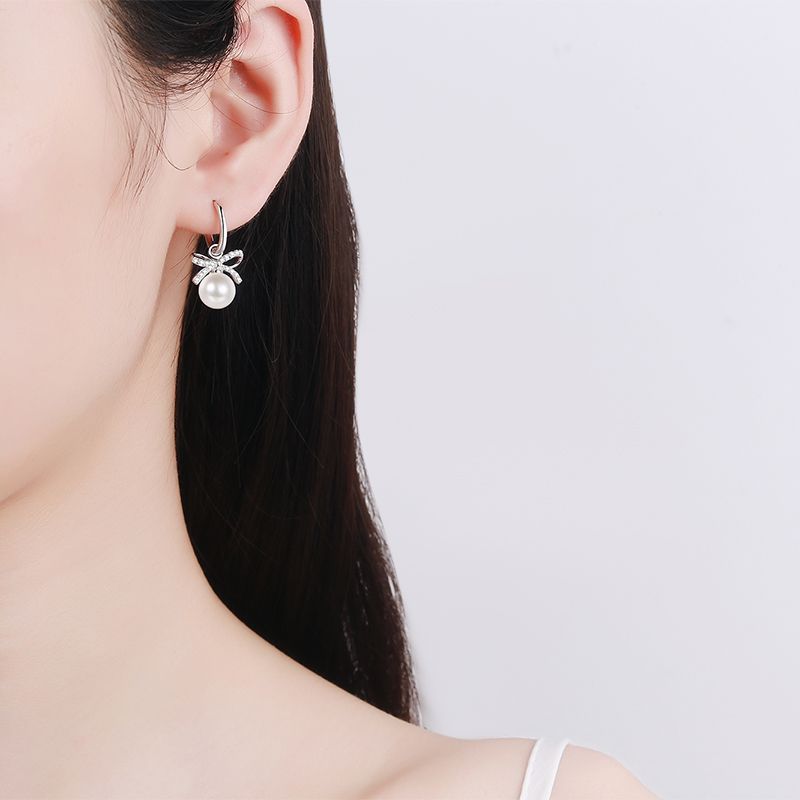 925 Sterling Silver Bow Drop Earrings - 0.30ct Moissanite & Freshwater Pearls