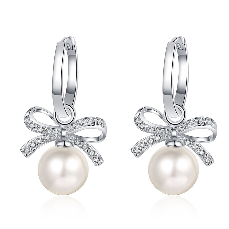 925 Sterling Silver Bow Drop Earrings - 0.30ct Moissanite & Freshwater Pearls