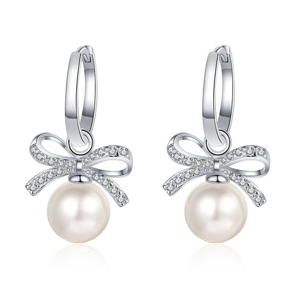 925 Sterling Silver Bow Drop Earrings - 0.30ct Moissanite & Freshwater Pearls