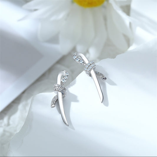 925 Sterling Silver Bow Earrings – Elegant Twisted Rope Design with Zircon Accents