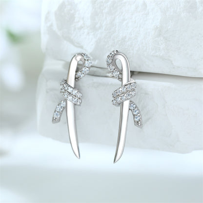 925 Sterling Silver Bow Earrings – Elegant Twisted Rope Design with Zircon Accents
