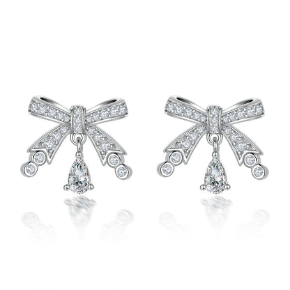 925 Sterling Silver Bow Earrings for Women Elegant Tassel Dangle Earrings White Gold Plated