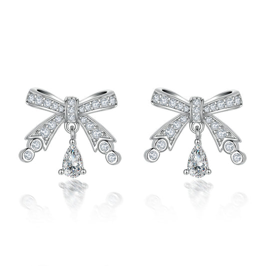 925 Sterling Silver Bow Earrings for Women Elegant Tassel Dangle Earrings White Gold Plated