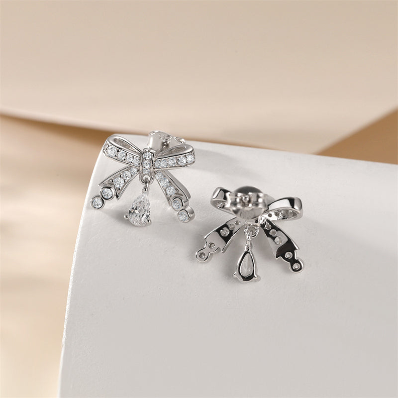 925 Sterling Silver Bow Earrings for Women Elegant Tassel Dangle Earrings White Gold Plated