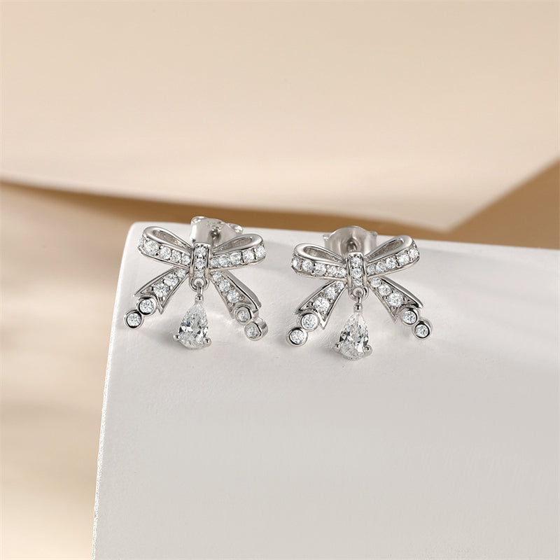 925 Sterling Silver Bow Earrings for Women Elegant Tassel Dangle Earrings White Gold Plated