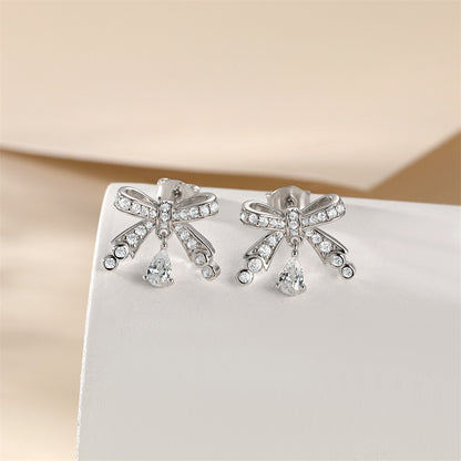 925 Sterling Silver Bow Earrings for Women Elegant Tassel Dangle Earrings White Gold Plated
