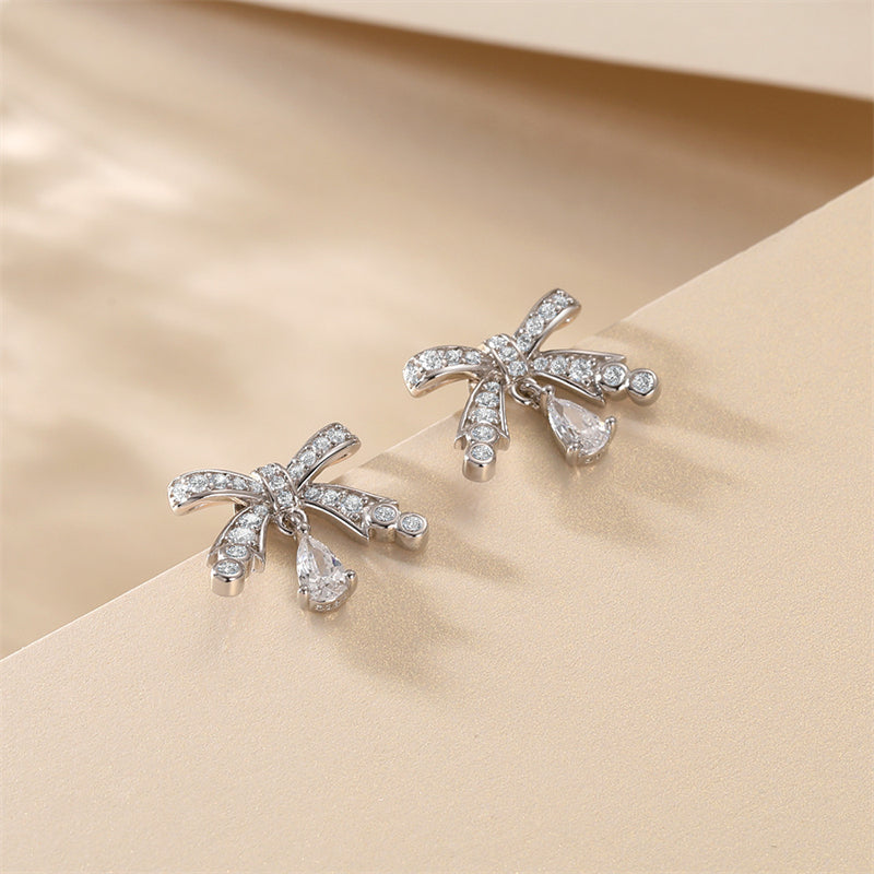 925 Sterling Silver Bow Earrings for Women Elegant Tassel Dangle Earrings White Gold Plated